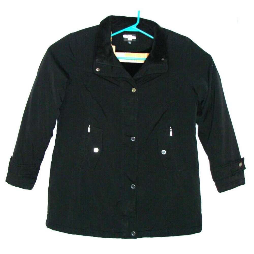 Gallery Coats Womens Large Black Zip Button Coat Jacket Pockets Satin Lined Warm